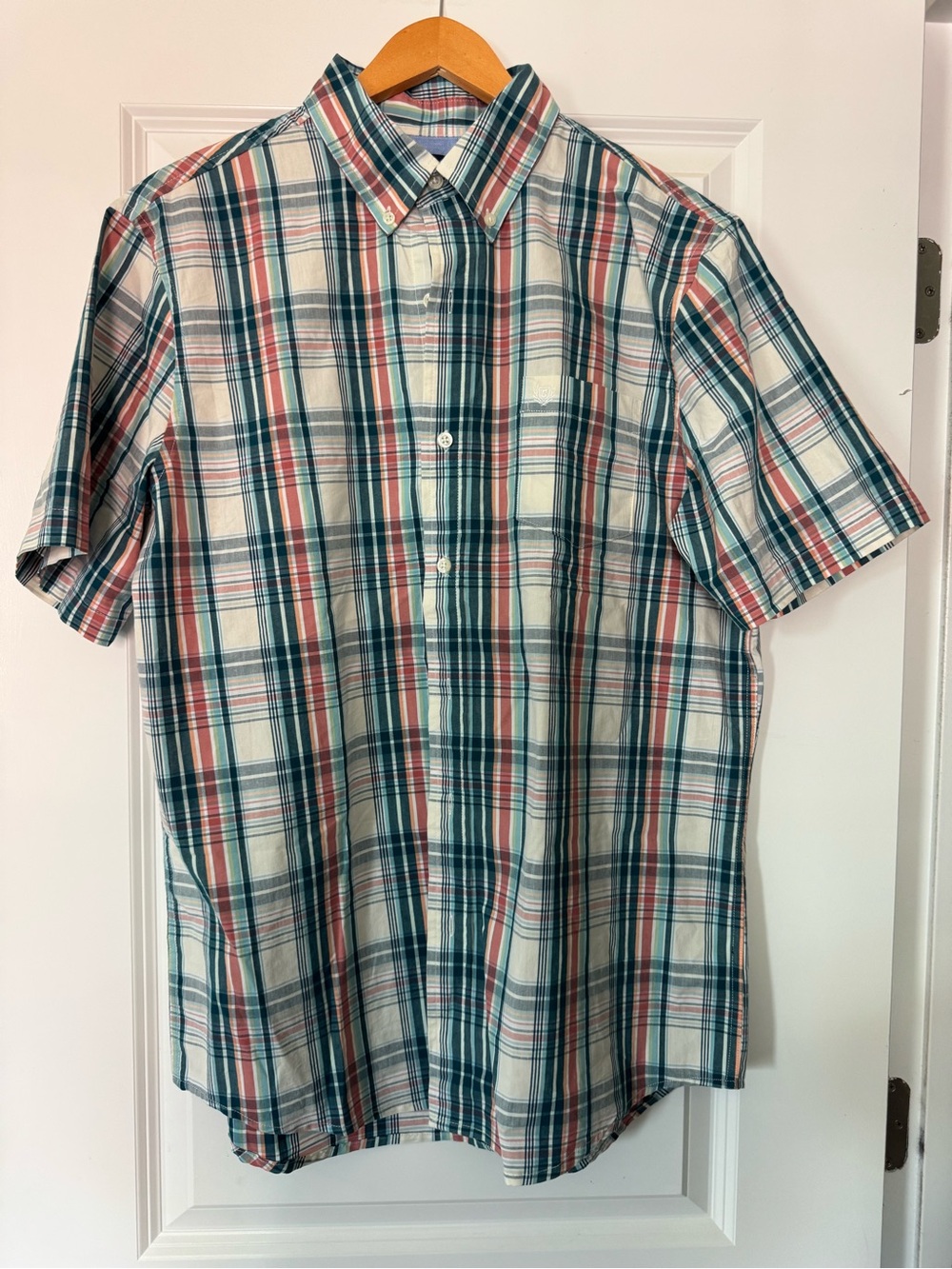 Chaps stretch easy care short sleeve button down plaid shirt casual size large